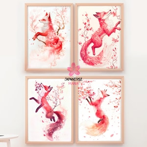 Watercolor Sakura Fox Print, Fox Kitsune Wall Art, Kitsune Art Print, Sakura Kitsune Wall Decor