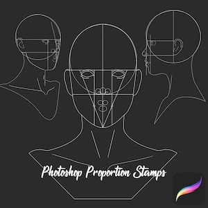 May include: Three black and white line drawings of a human head and neck with a grid overlay. The text "Photoshop Proportion Stamps" is at the bottom of the image.