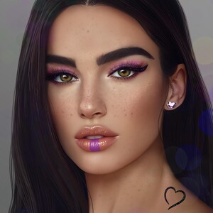 May include: A digital illustration of a woman with long dark hair, brown eyes, and pink eyeshadow. She is wearing a light pink lip gloss with a purple stripe down the center. She has a small heart tattoo on her neck. The text "Anto chibi art" is at the bottom of the image.