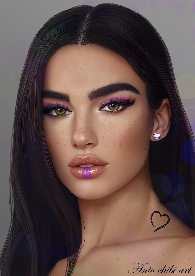 May include: A digital illustration of a woman with long dark hair, brown eyes, and pink eyeshadow. She is wearing a light pink lip gloss with a purple stripe down the center. She has a small heart tattoo on her neck. The text "Anto chibi art" is at the bottom of the image.