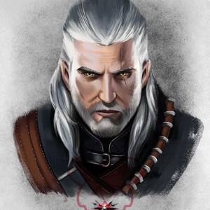May include: A digital painting of Geralt of Rivia, a character from the Witcher video game series. He has long white hair and a beard, and is wearing a dark leather jacket with a brown leather strap across his chest. He has a scar across his left eye and his eyes are a bright yellow.