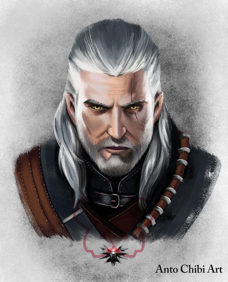 May include: A digital painting of Geralt of Rivia, a character from the Witcher video game series. He has long white hair and a beard, and is wearing a dark leather jacket with a brown leather strap across his chest. He has a scar across his left eye and his eyes are a bright yellow.