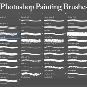 May include: A grid of 40 different Photoshop painting brush presets. The brush strokes are shown in white on a dark gray background. The names of the brushes are listed below each brush stroke.