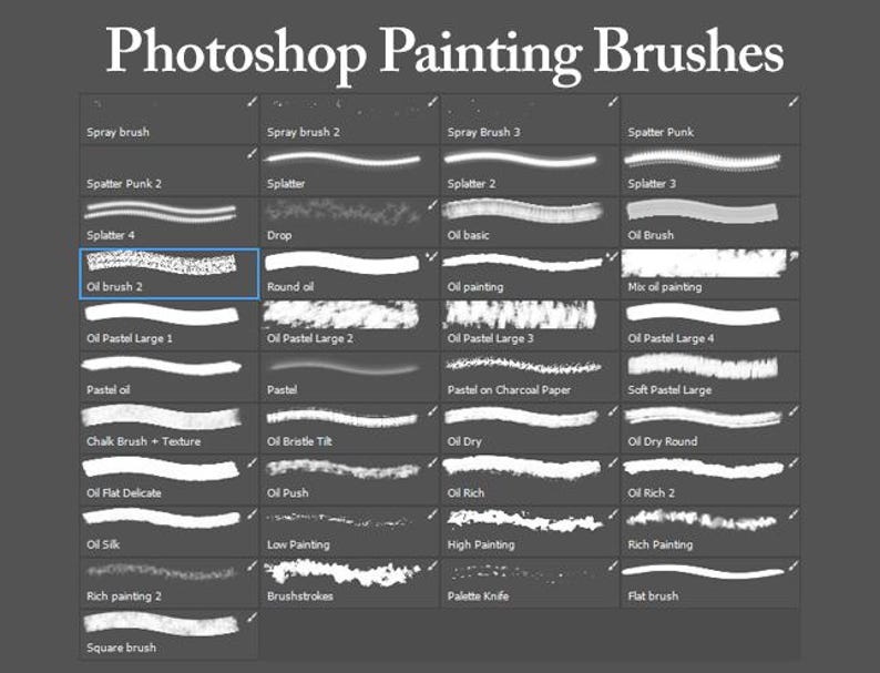 May include: A grid of 40 different Photoshop painting brush presets. The brush strokes are shown in white on a dark gray background. The names of the brushes are listed below each brush stroke.