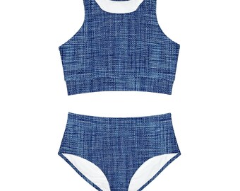 Königsblaues Jeans-Design auf sportlichem Bikini-Set (AOP)