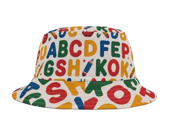 Colorful Alphabet Bucket Hat - Fun AOP Hat for Kids, Educational Gift, Summer Accessory, Playtime Gear, Birthday Present