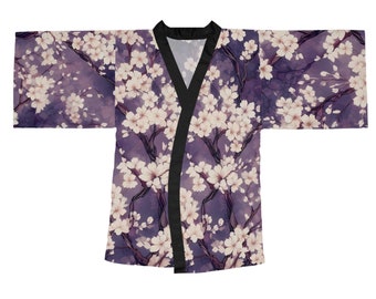 Beautiful Kimono White flowers on purple background Long Sleeve Kimono Robe (AOP)