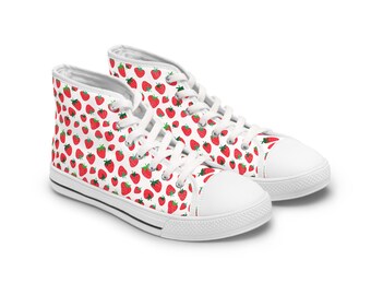 Strawberry Print Sneakers, Women&#39;s Shoes, Fruit Pattern Tennis Shoes, Summer Flats, Cute Trainers, Red Berry High Tops