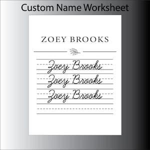 Puede incluir: Una hoja de trabajo personalizada con texto negro sobre fondo blanco. El encabezado dice Custom Name Worksheet. Debajo, el nombre ZOEY BROOKS aparece en mayúsculas, seguido de un icono de hoja y tres líneas con el nombre en cursiva.