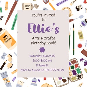 Kids Arts and Crafts Birthday Party Invitation Printable Custom Made to ...
