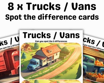 Spot The Difference - Set of 8 Trucks & Vans Themed with Answer Sheet - Digital Download - Printable Games For Kids - Children Aged 4-10