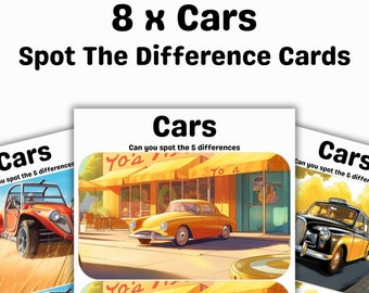 Spot The Difference - Set of 8 Cars Themed with Answer Sheet - Digital Download - Printable Games For Kids - Children Aged 4-10