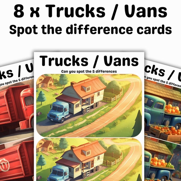 Spot The Difference - Set of 8 Trucks & Vans Themed with Answer Sheet - Digital Download - Printable Games For Kids - Children Aged 4-10