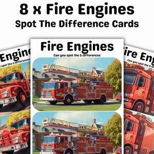 Puede incluir: Un conjunto de 8 tarjetas imprimibles de tipo "encuentra las diferencias" con camiones de bomberos rojos. Cada tarjeta tiene dos imágenes de un camión de bomberos con 5 diferencias para encontrar. El texto "¿Puedes encontrar las 5 diferencias?" está incluido en cada tarjeta. Las tarjetas están numeradas del 1 al 5. El texto "Con hoja de respuestas" está incluido en la parte inferior de la página.