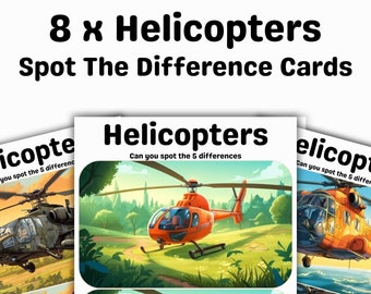 Spot The Difference - Set of 8 Helicopters Themed with Answer Sheet - Digital Download - Printable Games For Kids - Children Aged 4-10