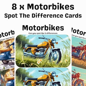 Peut inclure: Un jeu de 8 cartes "trouvez les différences" illustrant des motos jaunes dans un champ herbeux. Les cartes sont conçues pour aider les enfants à développer leurs capacités d'observation.