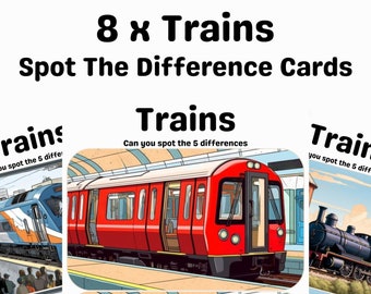 Spot The Difference - Set of 8 Trains Themed with Answer Sheet - Digital Download - Printable Games For Kids - Children Aged 4-10