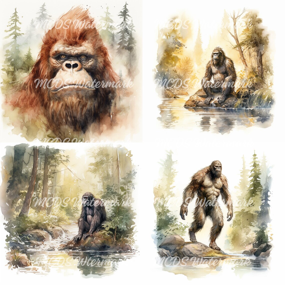 12 Watercolour Bigfoot Clipart Animated Characters, Mystic Watercolor ...