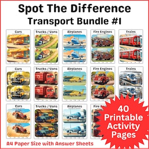 Puede incluir: Un conjunto de páginas de actividades imprimibles con rompecabezas de "Encuentra las diferencias" con temas de transporte. Las páginas incluyen imágenes de coches, camiones, aviones, camiones de bomberos y trenes. El paquete incluye 40 páginas y hojas de respuestas.