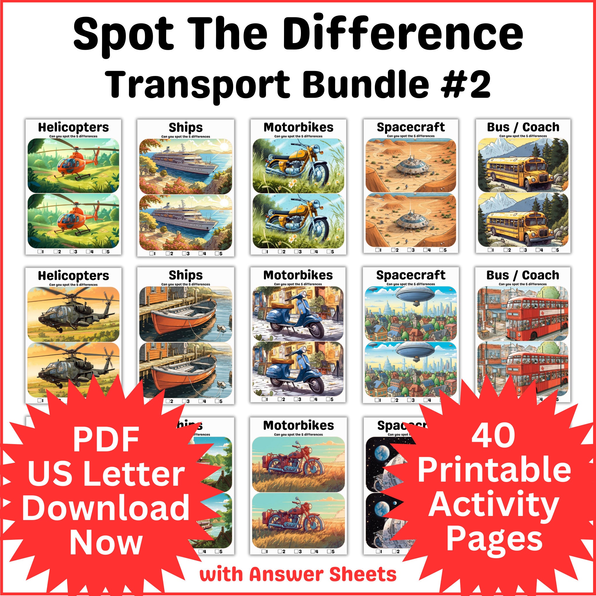 Spot The Difference - Transport Collection - 5 Themed Sets, Helicopters Ships Motorbikes Spacecraft Buses with Answers, US Letter PDF size.
