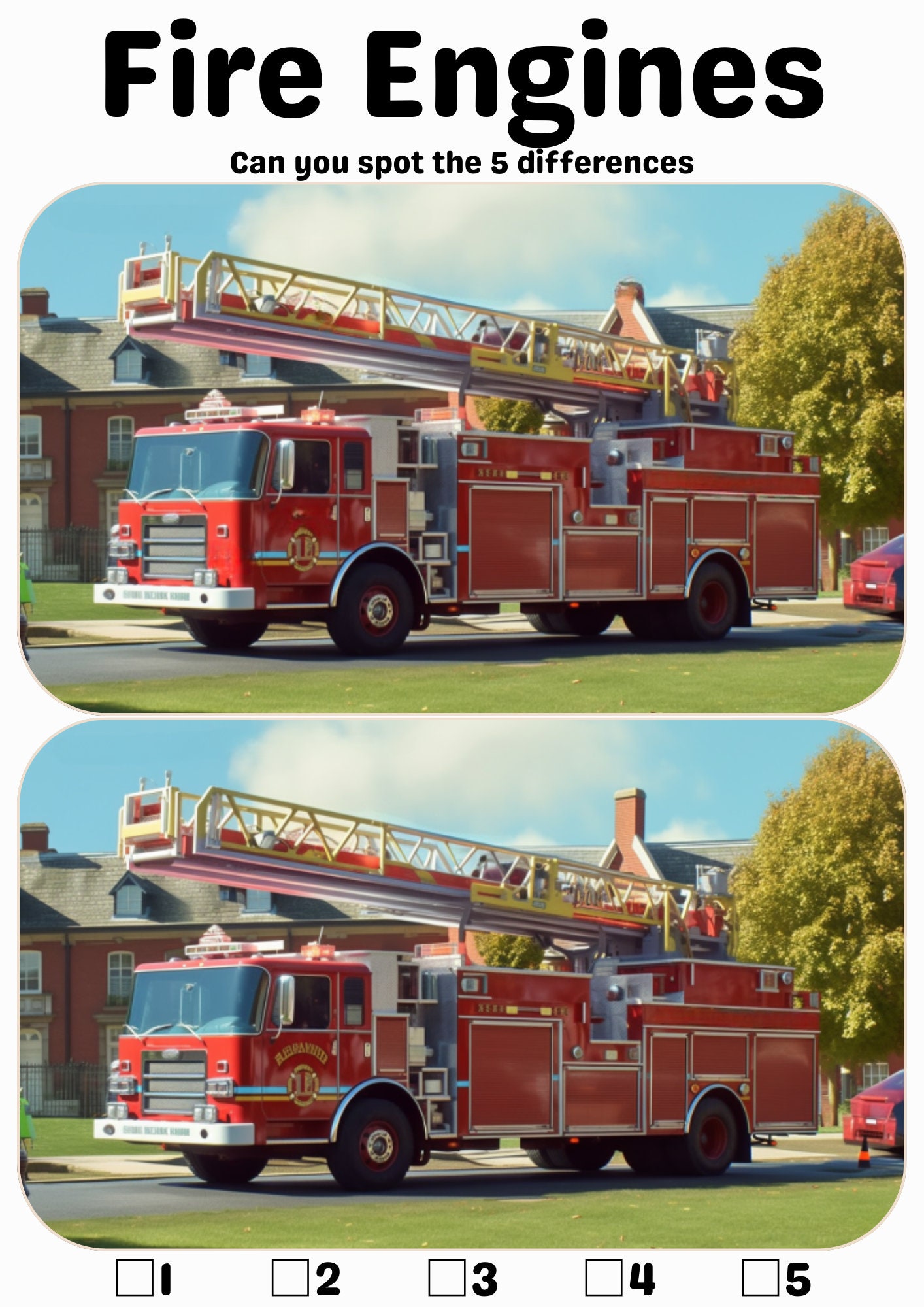 Spot the Difference - Set of 8 Fire Engines Themed With Answer Sheet ...