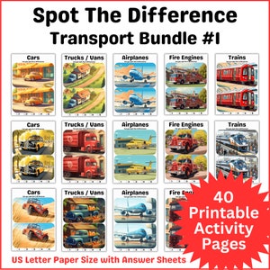 Puede incluir: Un conjunto de páginas de actividades imprimibles "Spot The Difference Transport Bundle #1". Las páginas muestran ilustraciones de coches, camiones, aviones, camiones de bomberos y trenes. El paquete incluye 40 páginas de actividades y hojas de respuestas, tamaño US Letter.