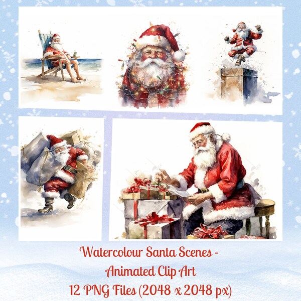 12 Watercolour Christmas Santa Clipart Animated Characters, Mystic Watercolor Santa Scenes, Images For Craft Projects Commercial Use Allowed