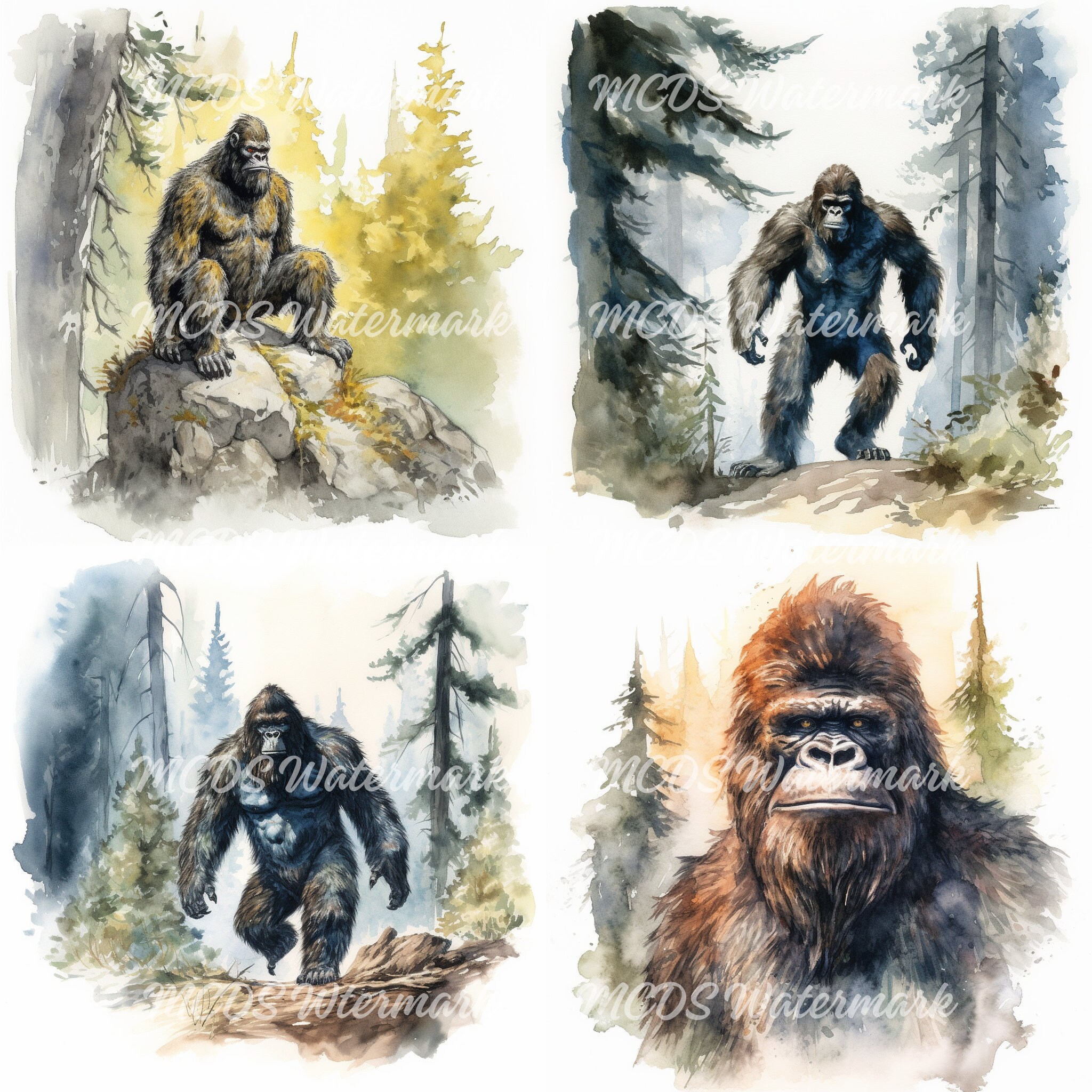 12 Watercolour Bigfoot Clipart Animated Characters, Mystic Watercolor ...