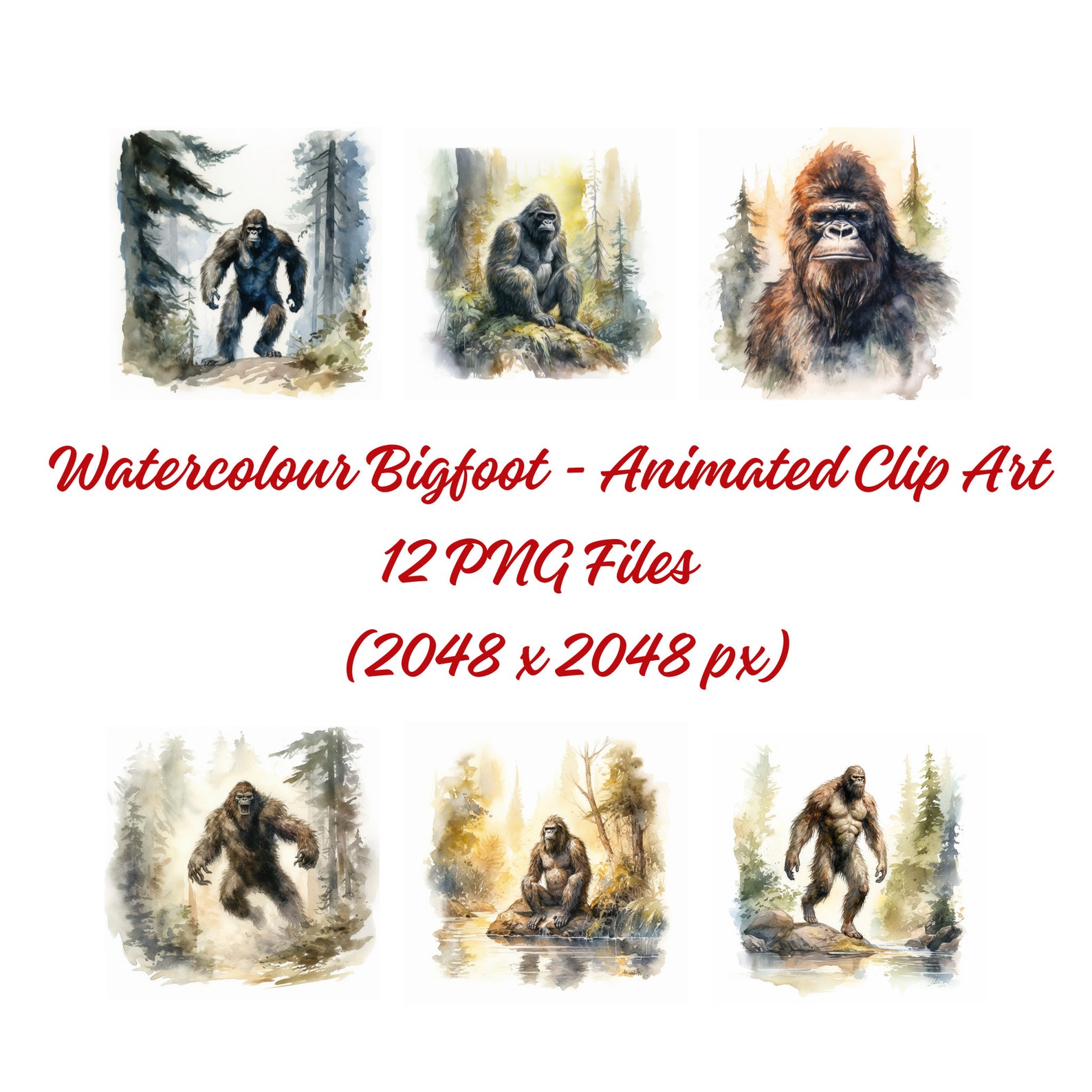 12 Watercolour Bigfoot Clipart Animated Characters, Mystic Watercolor ...