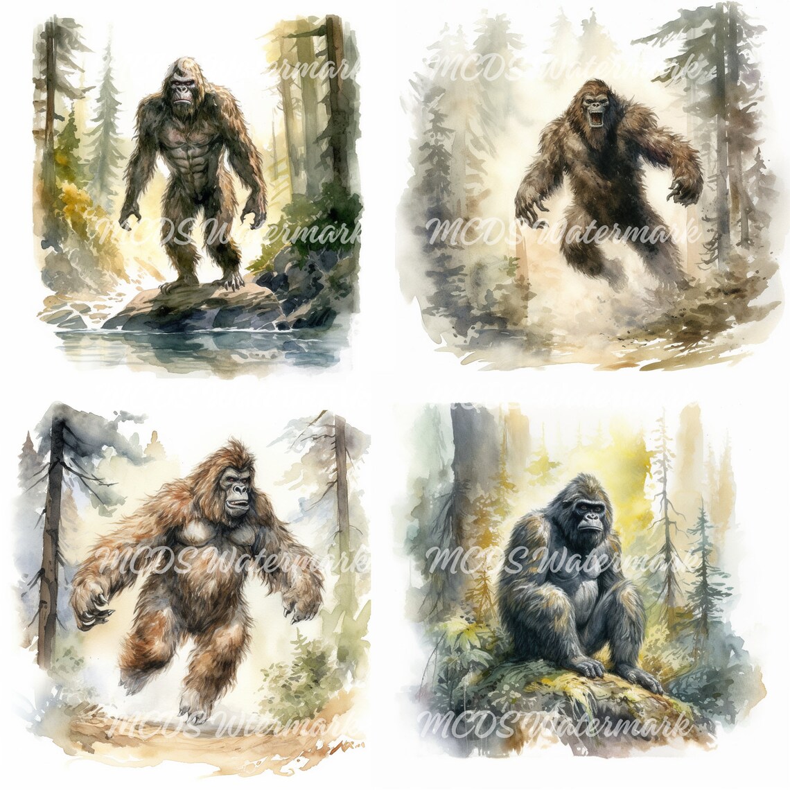 12 Watercolour Bigfoot Clipart Animated Characters, Mystic Watercolor ...