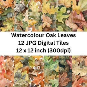 May include: Twelve digital tile images of watercolour oak leaves in various shades of green, yellow, brown, and red. Each tile is 12 x 12 inches (300dpi).