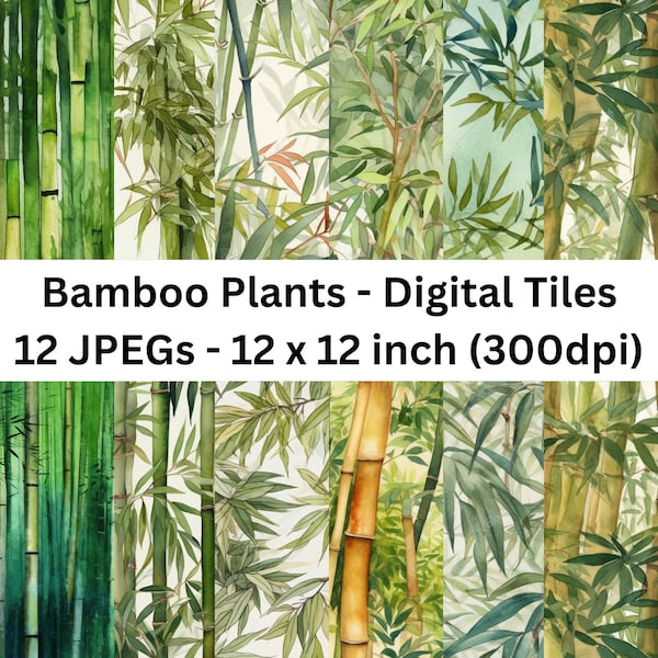 12 Watercolour Bamboo Plants Seamless Digital Tile Pattern Bamboo Plants Scene Background in Watercolour Commercial Use Instant Download