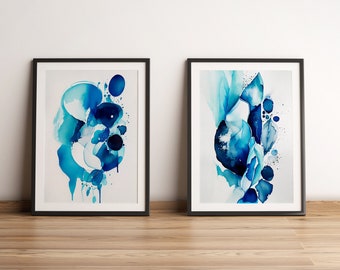 Abstract print, modern watercolor set, set of 2 prints, blue watercolor print, minimalist watercolor, living room wall decoration