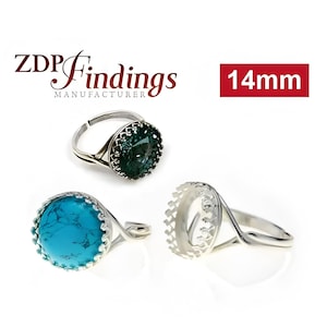 ZDP-USA  925 Sterling Silver, 14mm Quality Cast Blank Adjustable Ring, Bezel Setting, fit Swarovski 1122, Choose your Finish (8481SV)