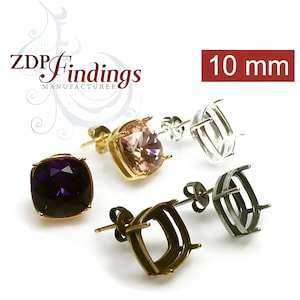ZDP- USA  4pcs x Quality Cast 10mm Square Brass Bezel Earring, with 925 Sterling Silver Post ,For Setting 4470 Choose Your Finish  (9PON9V)