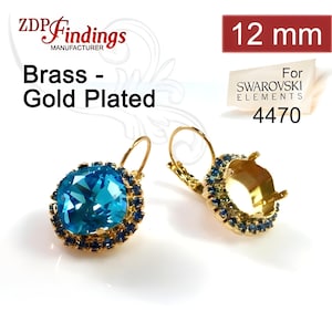 ZDP USA 2pcs x Square 12mm Bezel Earrings Setting Gold Plated with Aquamarine Rhinestones Fit Swarovski 4470 Crystal (LBSQ12AQGP)