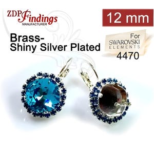 ZDP- USA 1Pair x Square 12mm Bezel Earrings For Setting Silver Plated w/ Sapphire Rhinestone. Fit European 4470 (LBSQ12SAPSP)