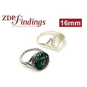 ZDP-USA  925 Sterling Silver, 16mm Quality Cast Blank Adjustable Ring, Bezel Setting, fit Swarovski 1122, Choose your Finish (8482SV)