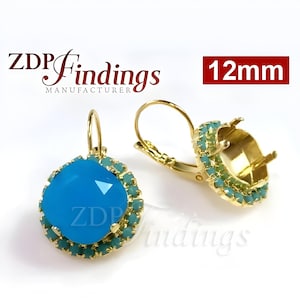ZDP- USA 1Pair x Square 12mm Bezel Earrings For Setting Gold Plated w/ Turquoise Rhinestone. Fit European 4470 (LBSQ12TRSGP)