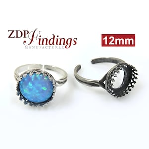 2pcs x  925 Sterling Silver, 12mm Quality Cast Blank Adjustable Ring, Bezel Setting, Choose your Finish (8480SV)