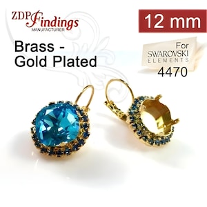 ZDP- USA 1Pair x Square 12mm Bezel Earrings For Setting Gold Plated w/ Sapphire Rhinestone. Fit European 4470 (LBSQ12SAPGP)