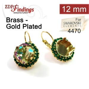 ZDP- USA 1Pair x Square 12mm Bezel Earrings For Setting Gold Plated w/ Emerald Rhinestone. Fit European 4470 (LBSQ12EMGP)