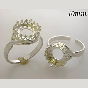 ZDP-USA  925 Sterling Silver, 2 pcs, 10mm Quality Cast Blank Adjustable Ring, Bezel Setting, Choose your Finish (8479SV)