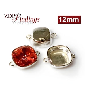 ZDP USA (2pcs) x Square Cushion 12mm Sterling Silver 925 Bezel Connector Fit Swarovski 4470 Crystal, Choose Your Finish (AASQ12LSV)