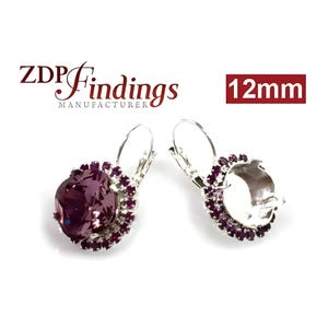 ZDP- USA 1Pair x Square 12mm Bezel Earrings For Setting Silver Plated w/ Amethyst Rhinestone. Fit European 4470 (LBSQ12AMTSP)