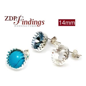 4pcs x Round 14mm Crown Bezel ,Vermeil Sterling Silver 925 Post Earrings Fit Cabochon Gemstone - ear backs included (956324) ZDP USA