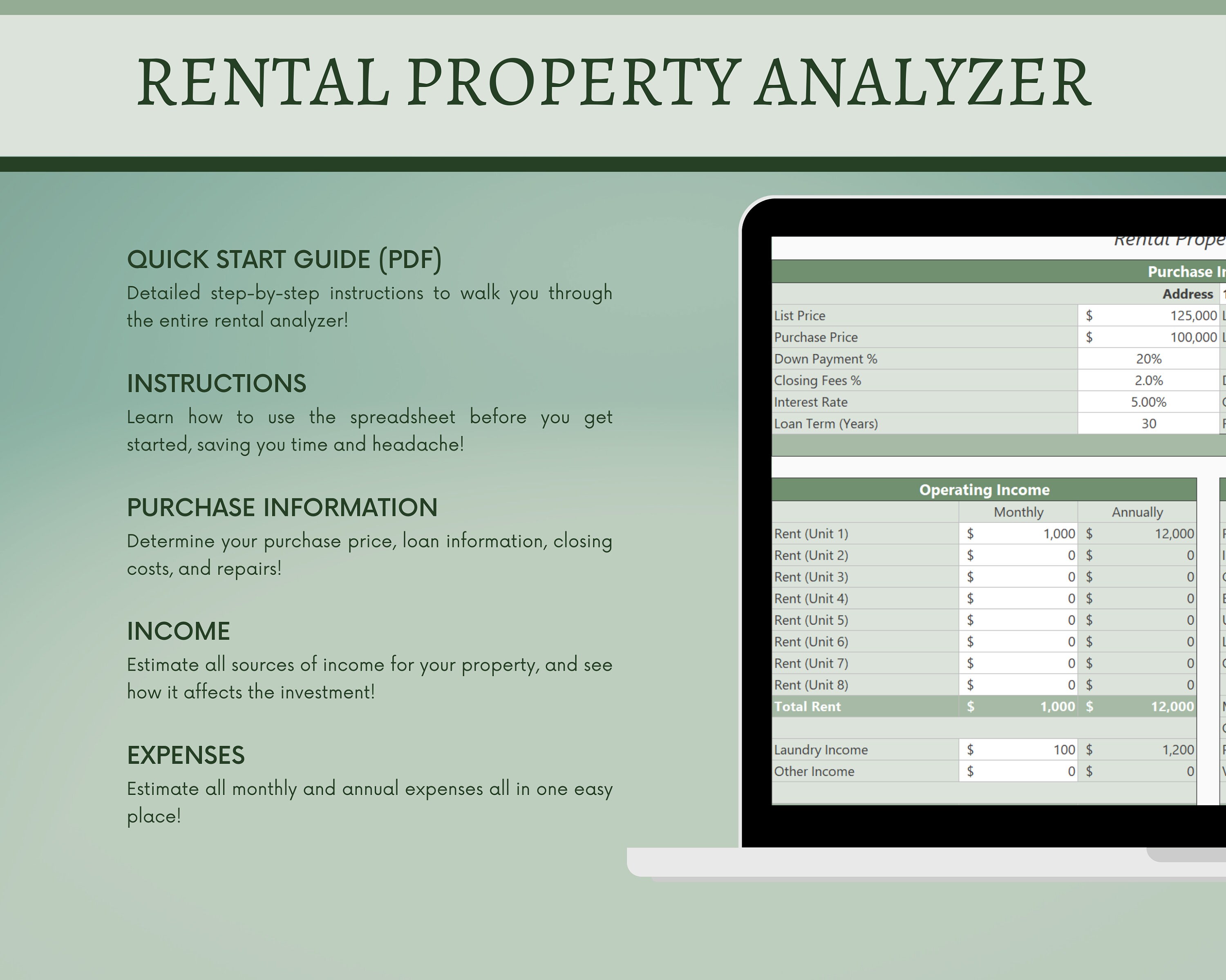 Rental Property Spreadsheet Excel, Real Estate Spreadsheet, Rental ...