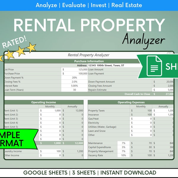 Rental Property Spreadsheet Google Sheets, Real Estate Spreadsheet, Rental Property Analyzer, Multifamily Analysis Spreadsheet, Investor