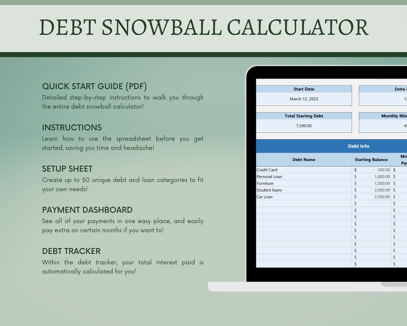Debt Snowball Calculator Excel Spreadsheet, Debt Free Planner, Loan