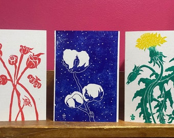 Lino print Greeting Cards Recycled-3 pack A6
